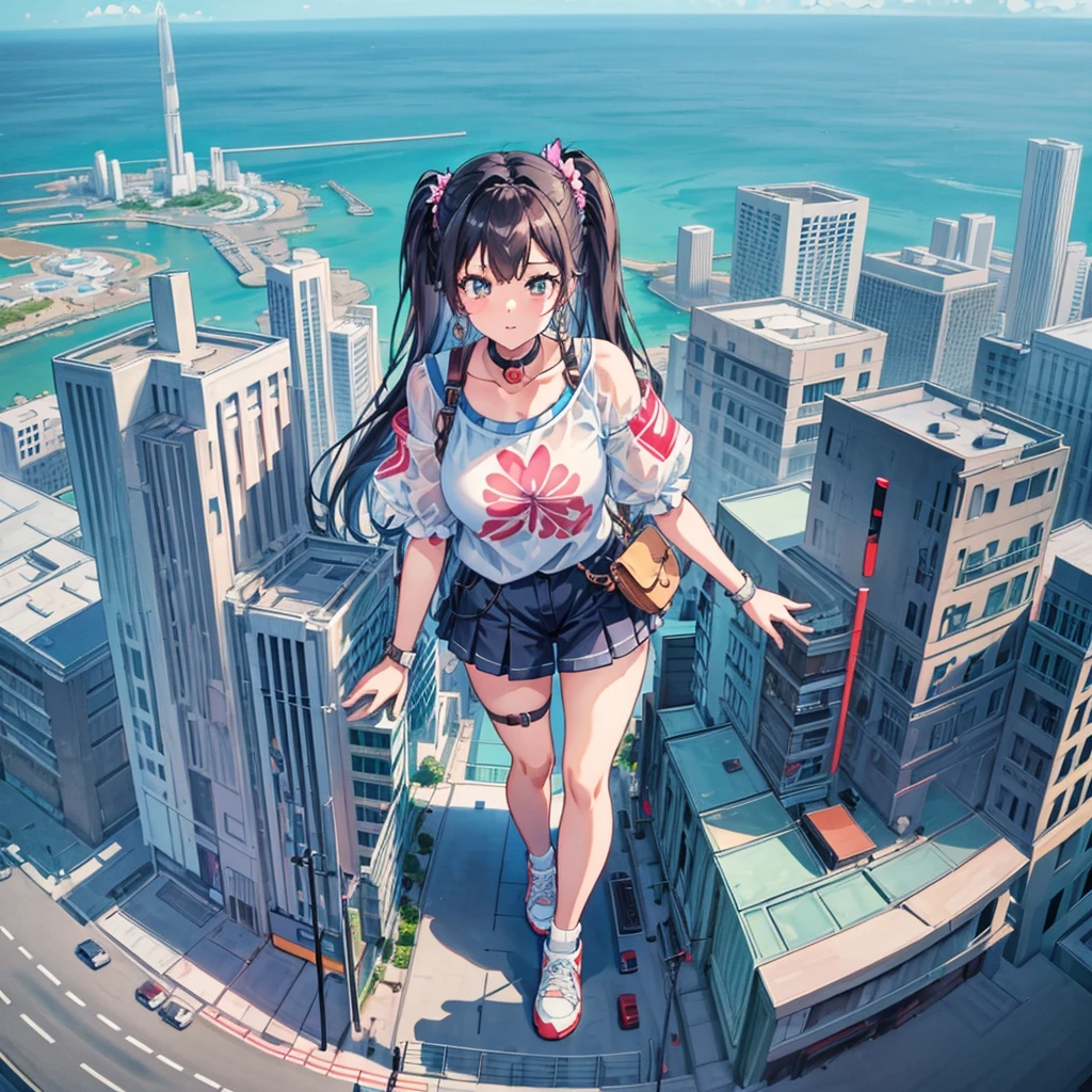 perspective from above giantess giant girl
masterpiece unreal engine anime style delicate picture 4k 90's giant crowd amusement park giant girl standing at an amusement park ferris wheel roller coaster crowd skirt big breasts white T-shirt summer clothes short sleeves private clothes sneakers white socks wristwatch black hair smile blue sky thundercloud contrail female giant giant Girl Full Body  Crowd Unreal Engine, Cleavage, A Picture, Earrings, Long Hair, 1980s (Style) Cute Picture Beauty Analog Style Full Body Sneakers,