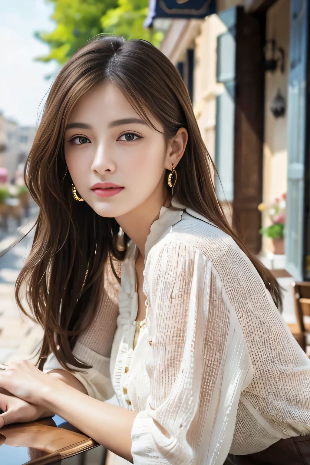 masterpiece, Highest quality, Realistic, Very detailed, Finer details, High resolution, 8k wallpaper, One beautiful woman,Wear a nice blouse, On the terrace of a lovely cafe, at noon, Light brown messy hair, Perfect dynamic composition, Beautiful and beautiful eyes、Big earrings、