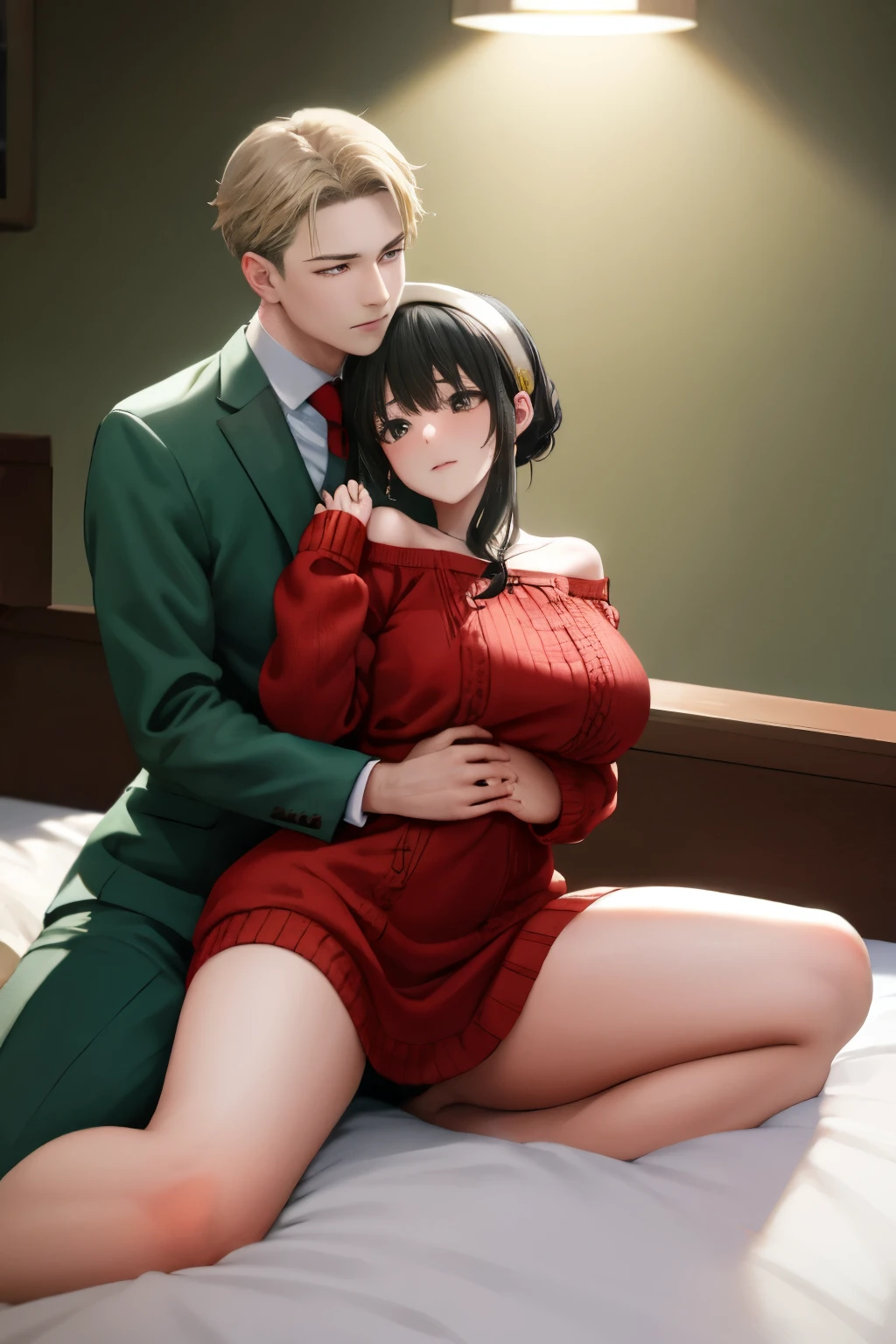 (masterpiece, best quality:1.2), high resolution, intricate details, extremely detailed, realistic and sharp details, (full body), view from above, hetero, couple, (reverse upright straddle:1.2), (1girl sitting with spread legs wide apart on his lap, leaning forward, panties around one leg, hairband, off shoulder red sweater minidress), (1boy wearing light green business suit, hugging her from behind), photo background, indoors, home, 