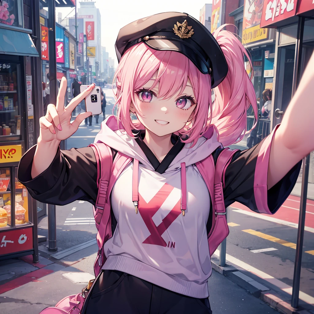 One woman,Best Influencers((Taking a selfie,High angle, wearing a black cap)) background(amusement park,Ferris wheel) Super smile,Smiling with teeth showing,V sign pink hair,Side ponytail Pink eyes,Super Shine,Yellow highlight hoodie,Pink accent anime style,Japan Shining Eyes,A masterpiece Shining edges