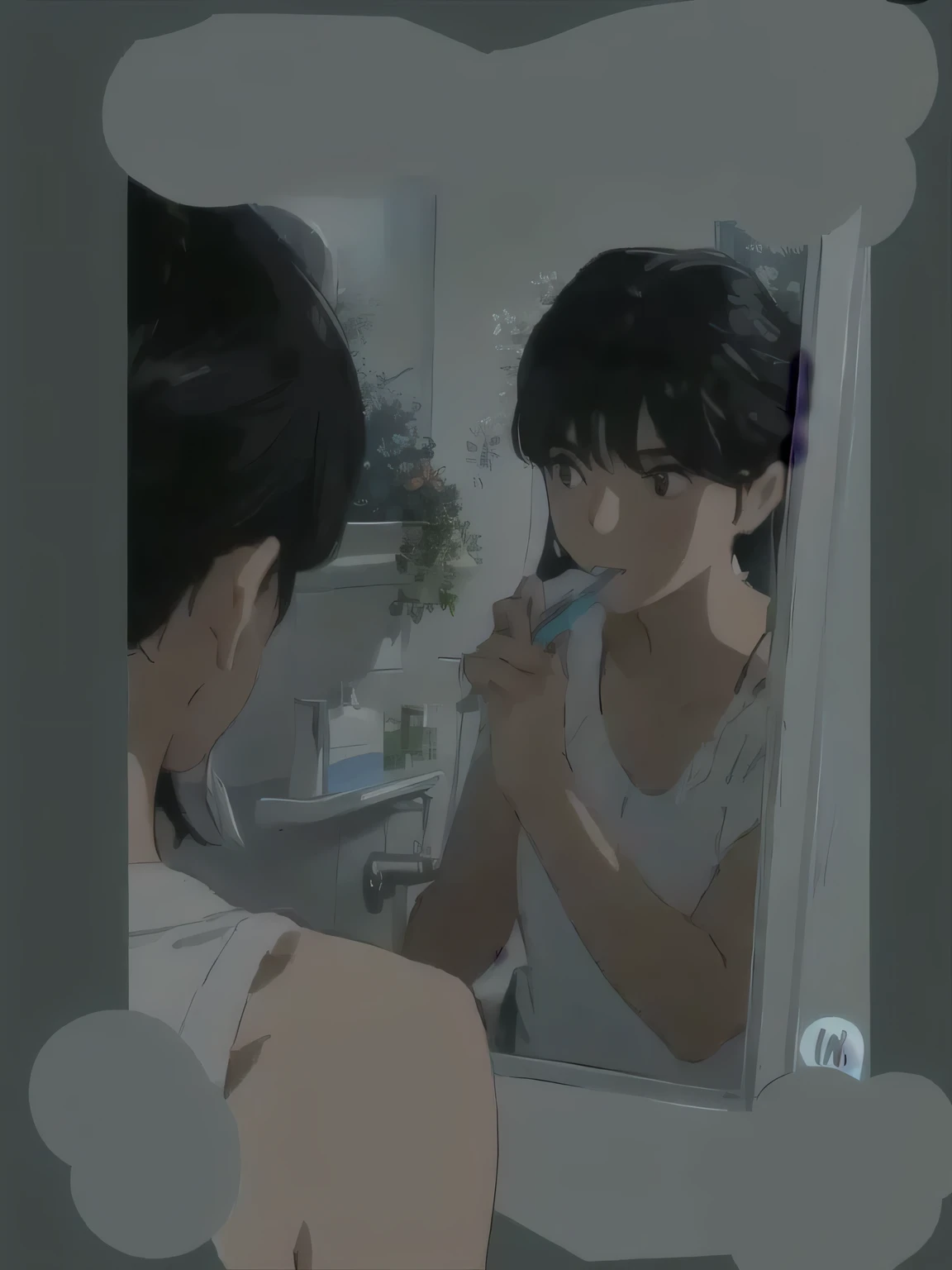 restroom,There is a woman brushing her teeth in front of a mirror, black hair,Long haired woman,gargle