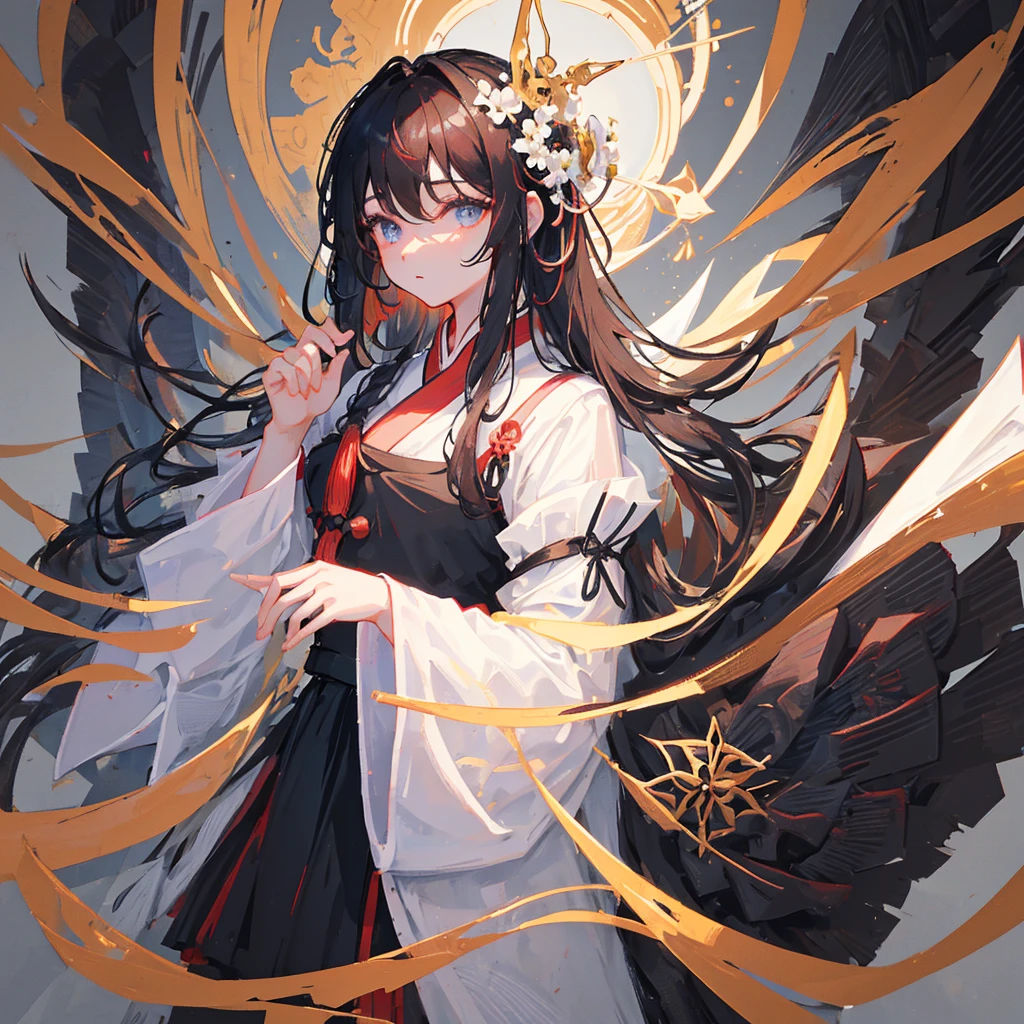 A girl wearing Hanfu,The clothes are black and white,The hair is black and white,Holding Go chess pieces,Ancient China,Black and white style,((Pure white background))
