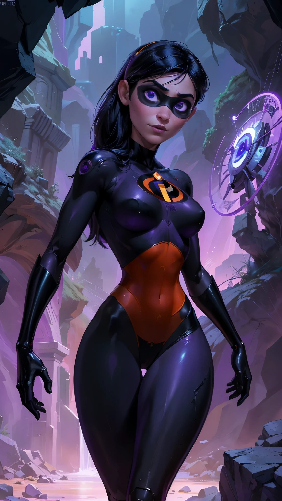 (La Best Quality,A high resolution,Ultra - detailed,actual),Violet Parr - The Incredibles -,(medias violet brillantes/ Violet Parr - The Incredibles :1.4),(BodySuit orange :1.4), pink crop top, (domino mask:1.4), (white gray hair :1.4), (skirt lifted by itself: 1.1), (skirt lift: 1.3), (showing white panties: 1.3), ,(Ruined dungeon ruins cave cavern large stones background :1.4 ), More detailed 8K.unreal engine:1.4,UHD,La Best Quality:1.4, photorealistic:1.4, skin texture:1.4, masterpiece:1.8,first work, Best Quality,object object], (detailed face features:1.3),(The correct proportions),(Beautiful blue eyes),  (cowboy pose:1.4 ), high quality, (RAW photo, best quality), (realistic, photorealistic: 1.4), (extremely delicate and beautiful: 1.4), amazing, fine details, masterpiece, ultra detailed, high resolution, best illustration, best shadow, intricate, ( extremely intricate: 1.2), (exquisitely detailed skin), cinematic light, perfect anatomy, (cool color: 1.4), sharp focus, 8k UHD, DSLR, (Fujifilm XT3),Epic Fantasy Art Style HD, 4K fantasy art, epic fantasy digital art style, epic fantasy art style, Fantasy Woman, epic fantasy art portrait, Epic fantasy style, hyperrealistic fantasy art, hd fantasy art, Epic fantasy character art, epic fantasy art, in style of dark fantasy art, epic fantasy digital art, (Violet Parr - The Incredibles :1.4), (Violet Parr V2.1),( face detailed :1.4), (anatomía perfecta :1.4), (iluminación cinematográfica :1.4), (cyborg plastic transparent BodySuit :1.4), (pose vaquero :1.4), (Violet Parr:1.4) 