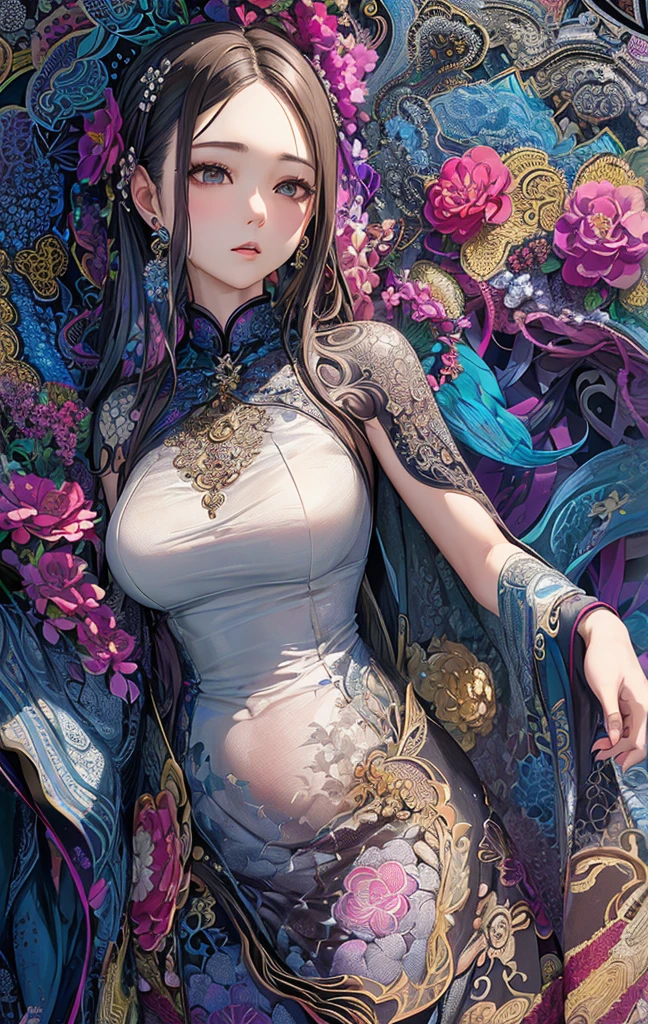 (masterpiece, top quality, best quality, official art, beautiful and aesthetic:1.2), (1girl:1.3), extremely detailed,(fractal art:1.1),(colorful:1.1)(flowers:1.3),highest detailed,(zentangle:1.2), (dynamic pose), (abstract background:1.3),  (shiny skin), (many colors:1.4), ,(earrings:1.4),