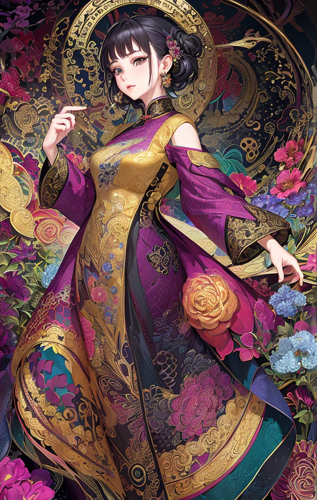 (masterpiece、top-quality、top-quality、Official Art、Beautifully Aesthetic:1.2)、(One Girl:1.3)、A highly detailed、(fractal art:1.1)、(dark color:1.1)(florals:1.3)、The most detailed、(zentangle:1.2)、(Dynamic poses)、(abstract backgrounds:1.3)、(qipao dress:1.2)、(shinny skin)、(many colors:1.4)、、(earrings:1.4)、