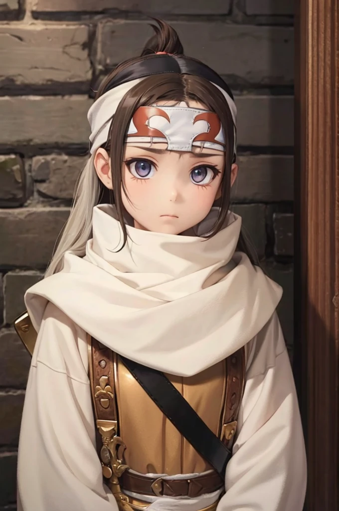 small child long hair standing cowl headband on forehead small room guarding protecting standing next to wall watching area no emotions sword on her back