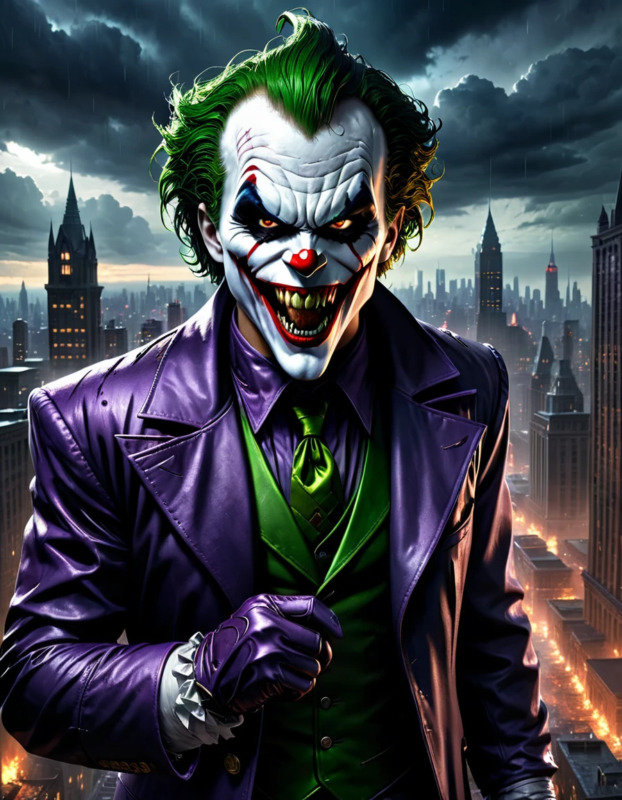 a captivating photorealistic dark fantasy image of Raging Anger Spawned Undead Joker in the heart of Gotham City. The ominous sky, the dark glow, and the chaotic cityscape will come together to evoke a sense of otherworldly menace