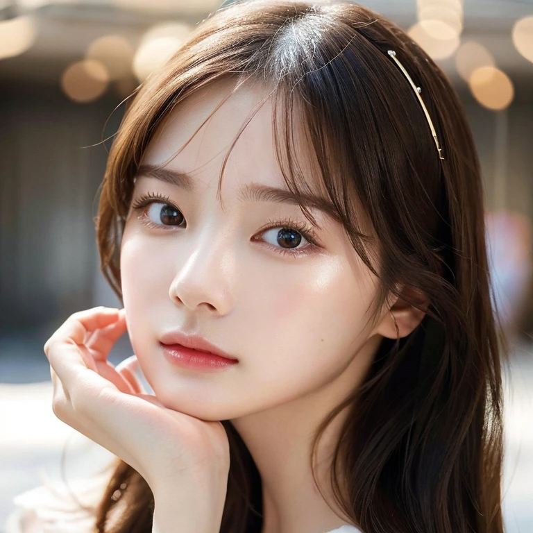 create a portrait of a beautiful girl with graceful facial features, expressive eyes and hair, soft and delicate skin. imagine the image of an elegant and sophisticated woman radiating natural beauty and charm. pay attention to the details to convey her sophistication and grace