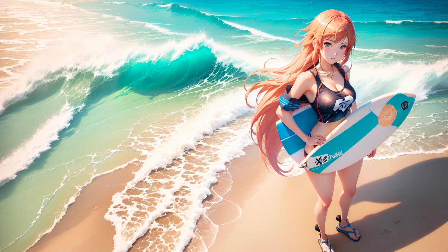 anime girl standing on the beach with surf board and ball, anime”, cushart krenz key art feminine, asuka as a surfer model, anime style”, frenzy, “ anime, splash art anime , artwork in the style of guweiz, pixiv, official fanart, ; visual novel, surf, advanced digital anime art ”