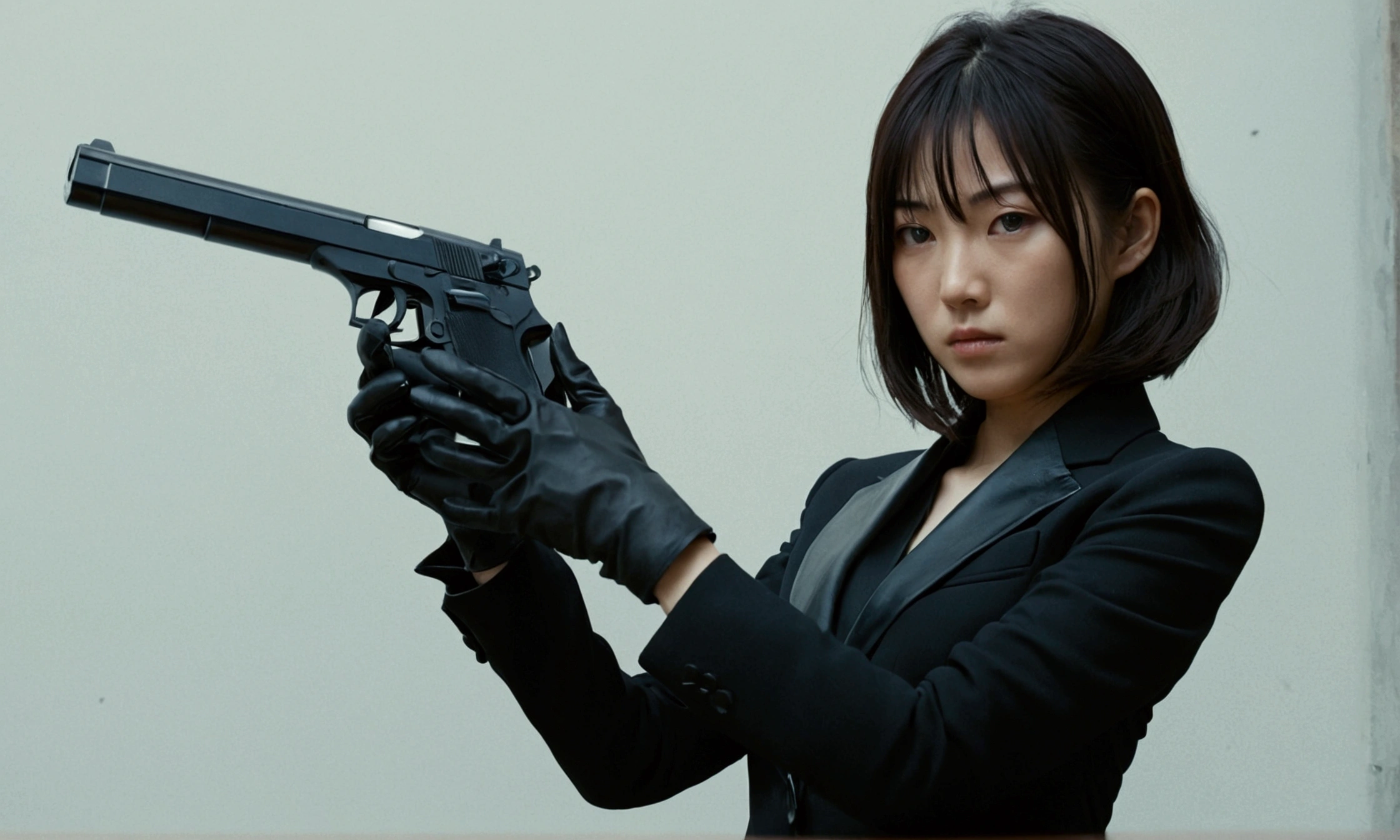 A Japanese girl in a black suit holding a gun with both hands in black leather gloves