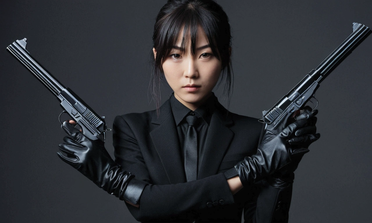 A Japanese girl in a black suit holding a gun with both hands in black leather gloves