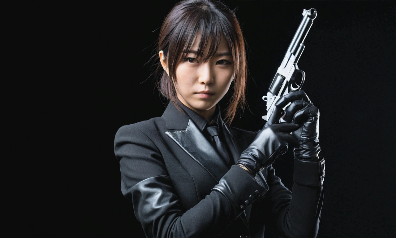 A Japanese girl in a black suit holding a gun with both hands in black leather gloves