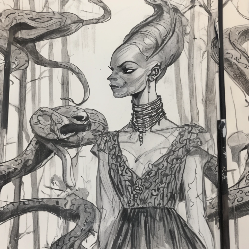 An expressive unfinished sketch featuring a hairless figure in a maxi dress. The figure has snakes on their head with accurate snake bodies, snake scales, and a snake tail rattle. The drawing includes ornate corpsepaint blackmetal facepaint, resembling Grace Jones. The style blends the art aesthetics of Sean Gordon Murphy and Joelle Jones with a rough sketch charcoal art style. The sketch shows rough-draft pencil lines underneath with bold lines over a rough-sketch inking, using an ink and charcoal blend. The scene is set in the pine barrens with sparse trees, emphasizing a candid, sorrowful expression. The sketch uses angular and expressive lines in an incomplete, unfinished style, evoking a sense of decay. Colors include red, yellow, and blue (RYB coloring). --no polished --no clean --no detailed --no smooth --no refined