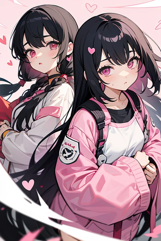 Landmine Girl、Hair is half twin、Black Hair、Pink eyes、Adhesive plaster on the nose、Hearts flying all around、The clothes are a landmine