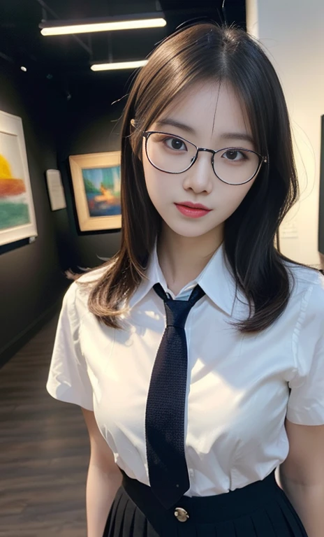 (A gorgeous Chinese lady, age 28, professional high-school lecturer & artist, wearing trendy office attire, blazers, sky-blue tie, short-sleeve white shirt with buttons, pencil mini-skirt, ITZY sneakers, walking in an art museum, 

(fabulous, geeky, feminine, gentle,
friendly, goofy, fascinating, Graceful),

spectacles, #roundeyeware, #glasses, #eyeware, kind smile, dimpled cheeks, cute snaggle-tooth, short ponytail, short bob hair trimmed, short hair, symmetrical face, beautiful detailed face, bright_and_full_of_warmth_eyes, detailed eyes, ample round bosom, perfect body anatomy,

Award-winning, photorealistic, hyper-realism, high contrast, ultra HD, realistic skin textures, top image quality, top-quality, super high resolution, fine details, very meticulously, Vivid Colours, masterpiece, High angle shot, full body shot, cowboy shot, positive affirmation, serene ambience, bokeh night background, SFW)