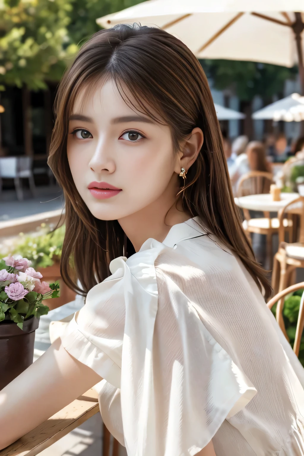 masterpiece, Highest quality, Realistic, Very detailed, Finer details, High resolution, 8k wallpaper, One beautiful woman,Wear a nice blouse, On the terrace of a lovely cafe, at noon, Light brown messy hair, Perfect dynamic composition, Beautiful and beautiful eyes、Big earrings、
