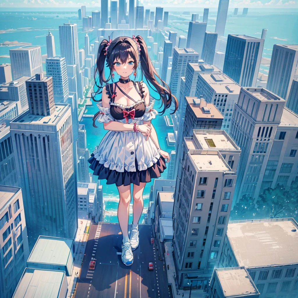 perspective from above giantess giant girl
masterpiece unreal engine anime style delicate picture 4k 90's giant crowd amusement park giant girl standing at an amusement park ferris wheel roller coaster crowd skirt big breasts white T-shirt summer clothes short sleeves private clothes sneakers white socks wristwatch black hair smile blue sky thundercloud contrail female giant giant Girl Full Body Crowd Unreal Engine, Cleavage, A Picture, Earrings, Long Hair, 1980s (Style) Cute Picture Beauty Analog Style Full Body Sneakers,