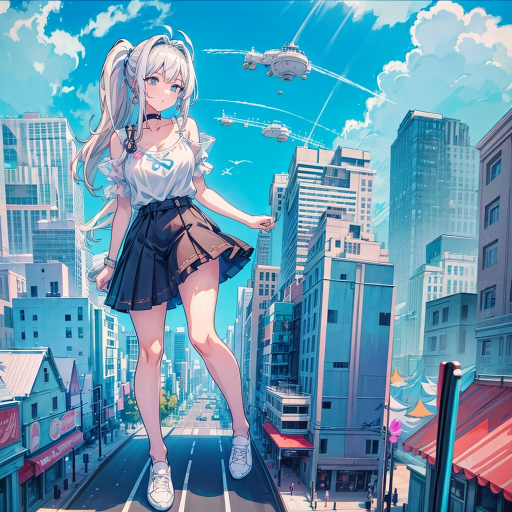 perspective from above giantess giant girl
masterpiece unreal engine anime style delicate picture 4k 90's giant crowd amusement park giant girl standing at an amusement park ferris wheel roller coaster crowd skirt big breasts white T-shirt summer clothes short sleeves private clothes sneakers white socks wristwatch black hair smile blue sky thundercloud contrail female giant giant Girl Full Body  Crowd Unreal Engine, Cleavage, A Picture, Earrings, Long Hair, 1980s (Style) Cute Picture Beauty Analog Style Full Body Sneakers,