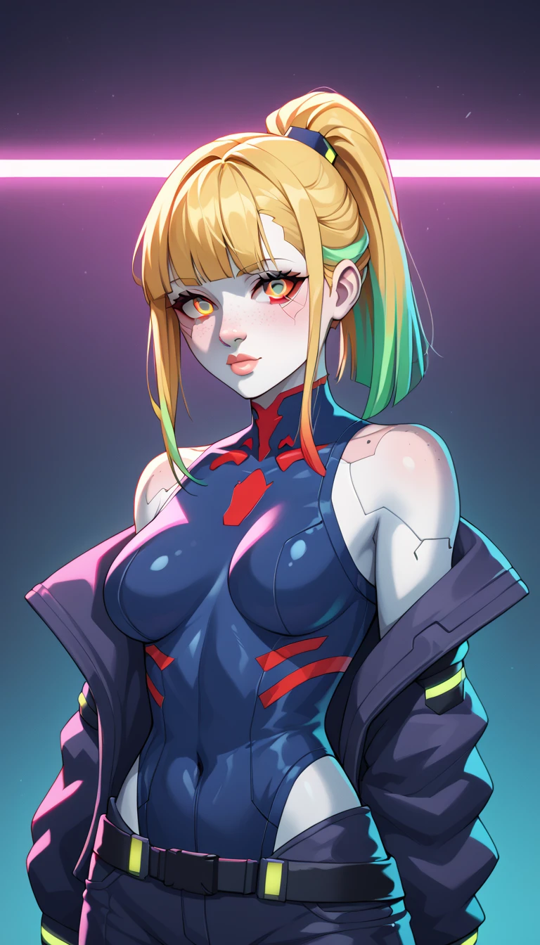 1 Girl, Medium Breasts, Golden Yellow Hair, Lots Light Green Highlights In The hair, Robotic Red Eyes, Neon Eyes, Nice Eyes, Ponytail Hair Style, Freckles, Nice Lips, Nice Nose, Pale White Skin, Smooth Skin, Cyberpunk Style, Cyberpunk Clothes, NIghtcity Background, Neon Colors,