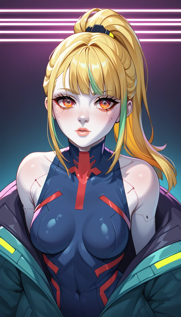 1 Girl, Medium Breasts, Golden Yellow Hair, Lots Light Green Highlights In The hair, Robotic Red Eyes, Neon Eyes, Nice Eyes, Ponytail Hair Style, Freckles, Nice Lips, Nice Nose, Pale White Skin, Smooth Skin, Cyberpunk Style, Cyberpunk Clothes, NIghtcity Background, Neon Colors,