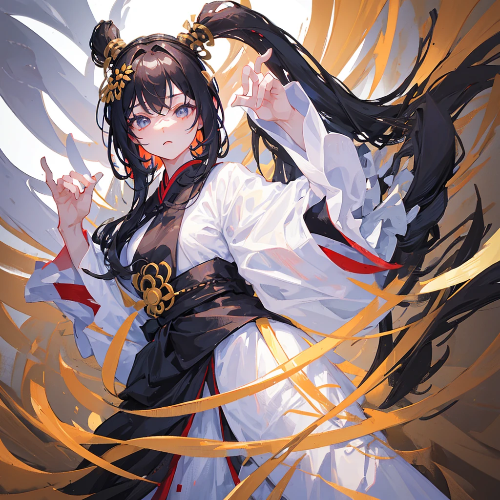 A girl wearing Hanfu，The clothes are black and white，The hair is black and white，Holding Go chess pieces，Ancient China，Pure black and white style，((Pure white background))