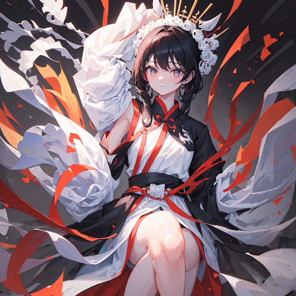 A girl wearing Hanfu,The clothes are black and white,The hair is black and white,Holding Go chess pieces,Ancient China,Pure black and white style,((Pure white background))