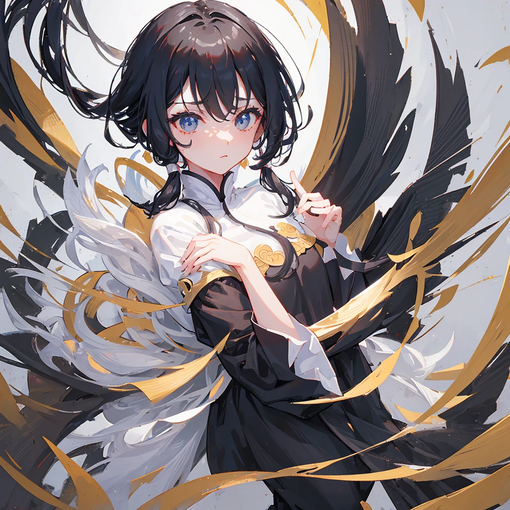 A girl wearing Hanfu,The clothes are black and white,The hair is black and white,Holding Go chess pieces,Ancient China,Pure black and white style,((Pure white background))