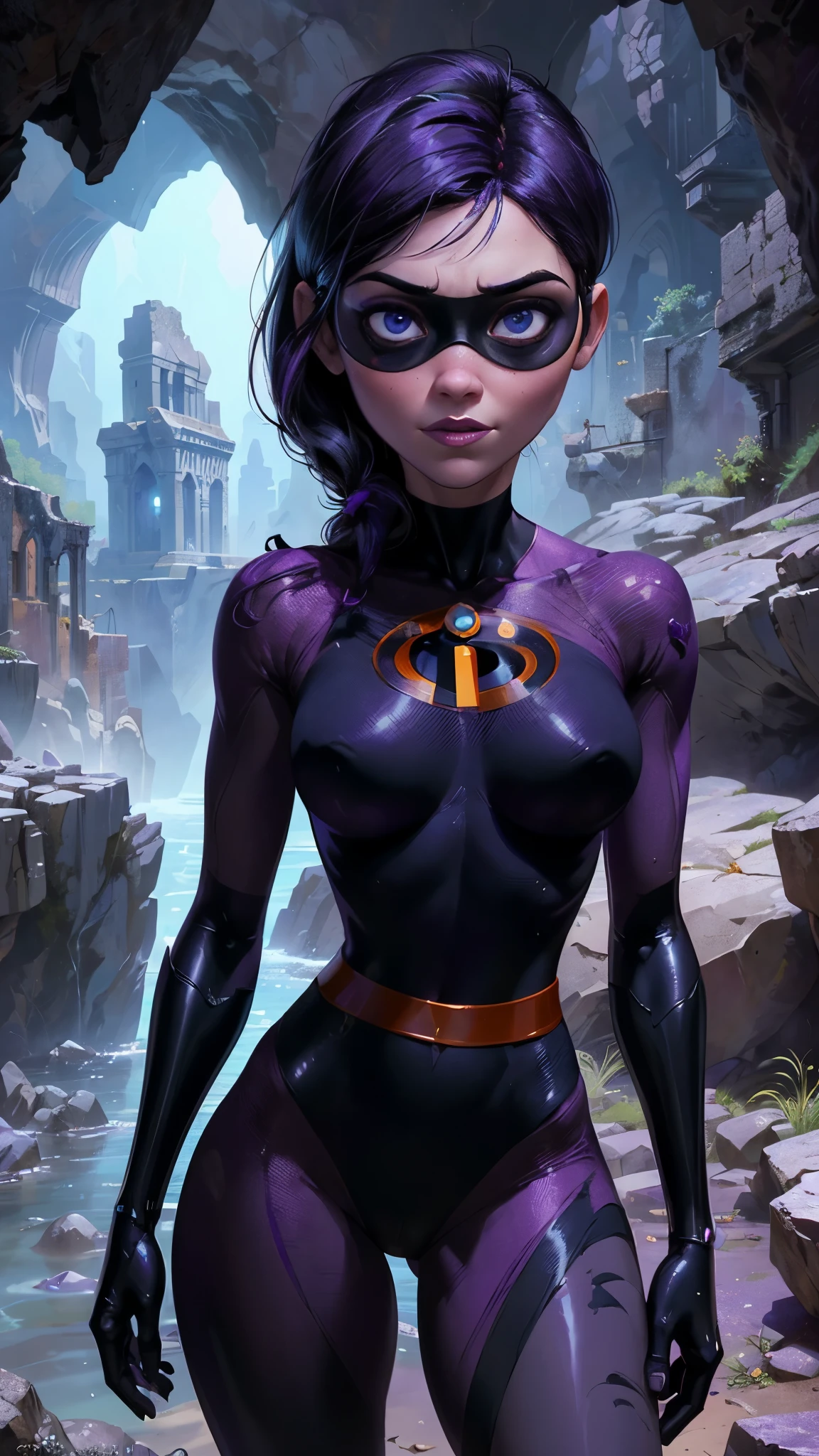 (La Best Quality,A high resolution,Ultra - detailed,actual),Violet Parr - The Incredibles -,(medias violet brillantes/ Violet Parr - The Incredibles :1.4),(BodySuit orange :1.4), pink crop top, (domino mask:1.4), (white gray hair :1.4), (skirt lifted by itself: 1.1), (skirt lift: 1.3), (showing white panties: 1.3), ,(Ruined dungeon ruins cave cavern large stones background :1.4 ), More detailed 8K.unreal engine:1.4,UHD,La Best Quality:1.4, photorealistic:1.4, skin texture:1.4, masterpiece:1.8,first work, Best Quality,object object], (detailed face features:1.3),(The correct proportions),(Beautiful blue eyes),  (cowboy pose:1.4 ), high quality, (RAW photo, best quality), (realistic, photorealistic: 1.4), (extremely delicate and beautiful: 1.4), amazing, fine details, masterpiece, ultra detailed, high resolution, best illustration, best shadow, intricate, ( extremely intricate: 1.2), (exquisitely detailed skin), cinematic light, perfect anatomy, (cool color: 1.4), sharp focus, 8k UHD, DSLR, (Fujifilm XT3),Epic Fantasy Art Style HD, 4K fantasy art, epic fantasy digital art style, epic fantasy art style, Fantasy Woman, epic fantasy art portrait, Epic fantasy style, hyperrealistic fantasy art, hd fantasy art, Epic fantasy character art, epic fantasy art, in style of dark fantasy art, epic fantasy digital art, (Violet Parr - The Incredibles :1.4), (Violet Parr V2.1),( face detailed :1.4), (anatomía perfecta :1.4), (iluminación cinematográfica :1.4), (cyborg plastic transparent BodySuit :1.4), (pose vaquero :1.4), (Violet Parr:1.4) 