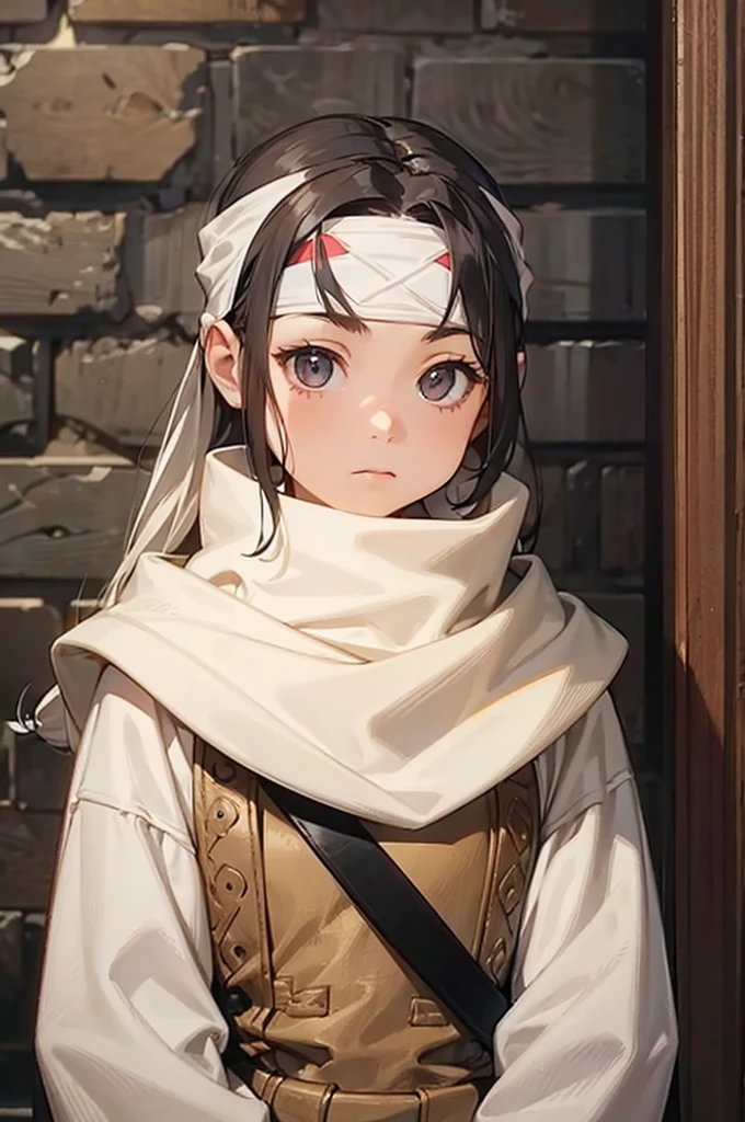 small child long hair standing  cowl  headband on forehead small room guarding protecting standing next to wall watching area no emotions sword on her back