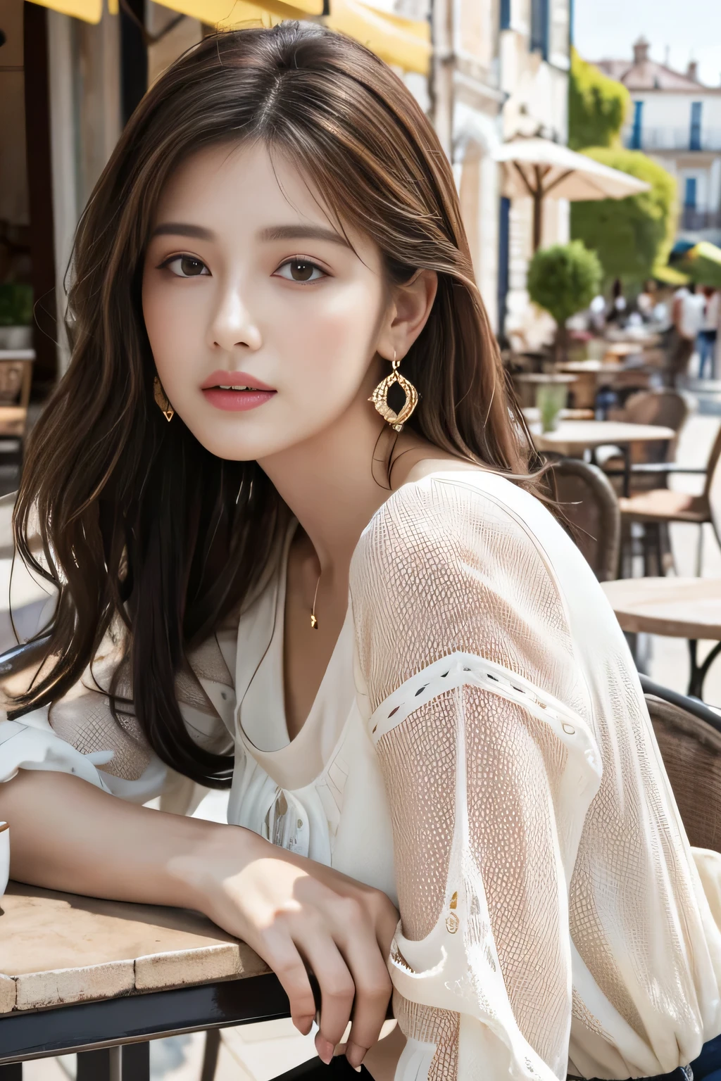 masterpiece, Highest quality, Realistic, Very detailed, Finer details, High resolution, 8k wallpaper, One beautiful woman,Wear a nice blouse, On the terrace of a lovely cafe, at noon, Light brown messy hair, Perfect dynamic composition, Beautiful and beautiful eyes、Big earrings、