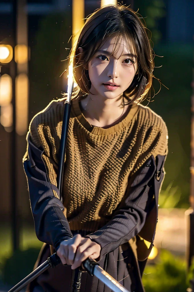 Sengoku period、(((Battlefield 1:3)))、((night、Torch 1:3))、Anime Stick、((Swinging a Sword))、((Covered in scars))、desperate look、(((Dirty with sweat and dirt、1:5)))、((((fight))))、((arms))、Big Breasts、japanese battlefield