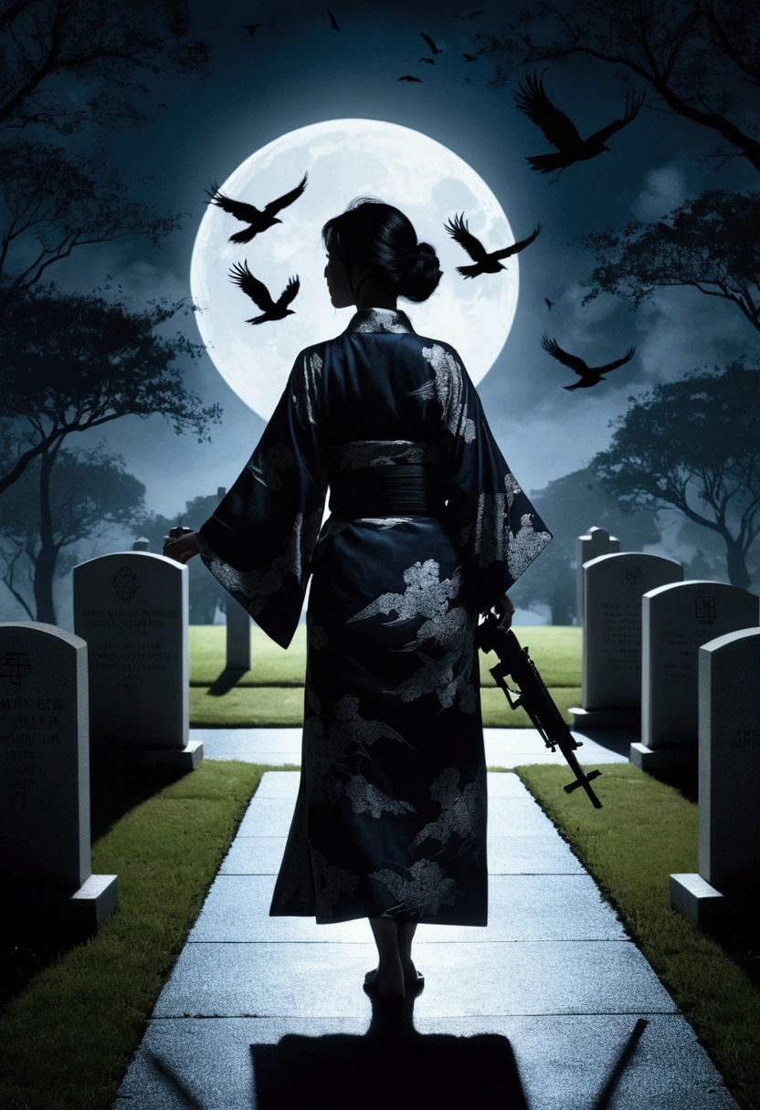 Silhouette of a Japanese woman in a kimono walking through an American cemetery at night under moonlight, holding a large machine gun、Many crows are flying、 oil, Chiaroscuro, Sensual, Dramatic lighting, Gloomy atmosphere, photoRealistic, Intricate details, masterpiece, Very detailed, high quality, 8k, 最high quality, Realistic, Cinematic, Dark and gloomy, Expressionistic, Powerful composition, Emotional impact, Art inspired by Bill Sienkiewicz Dark and moody colors
