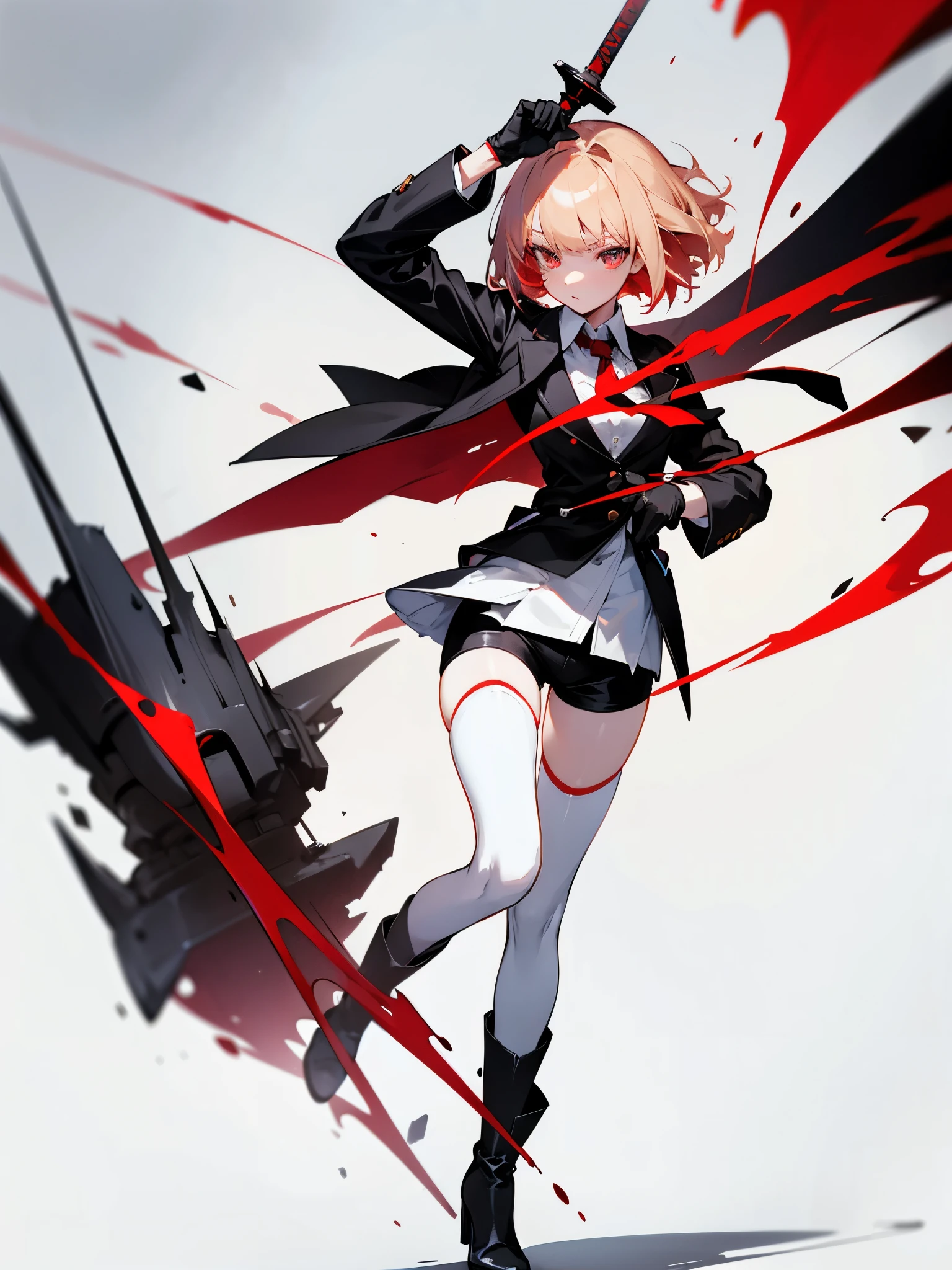 Anime girl, crimson eyes, (short pale blond hair), one-sided fringe, messy sharp fringe. Long black jacket, white collared shirt, black shorts. White thigh-high stockings, black ankle boots, heeled boots, black gloves. Standing. Holding black and red sword.