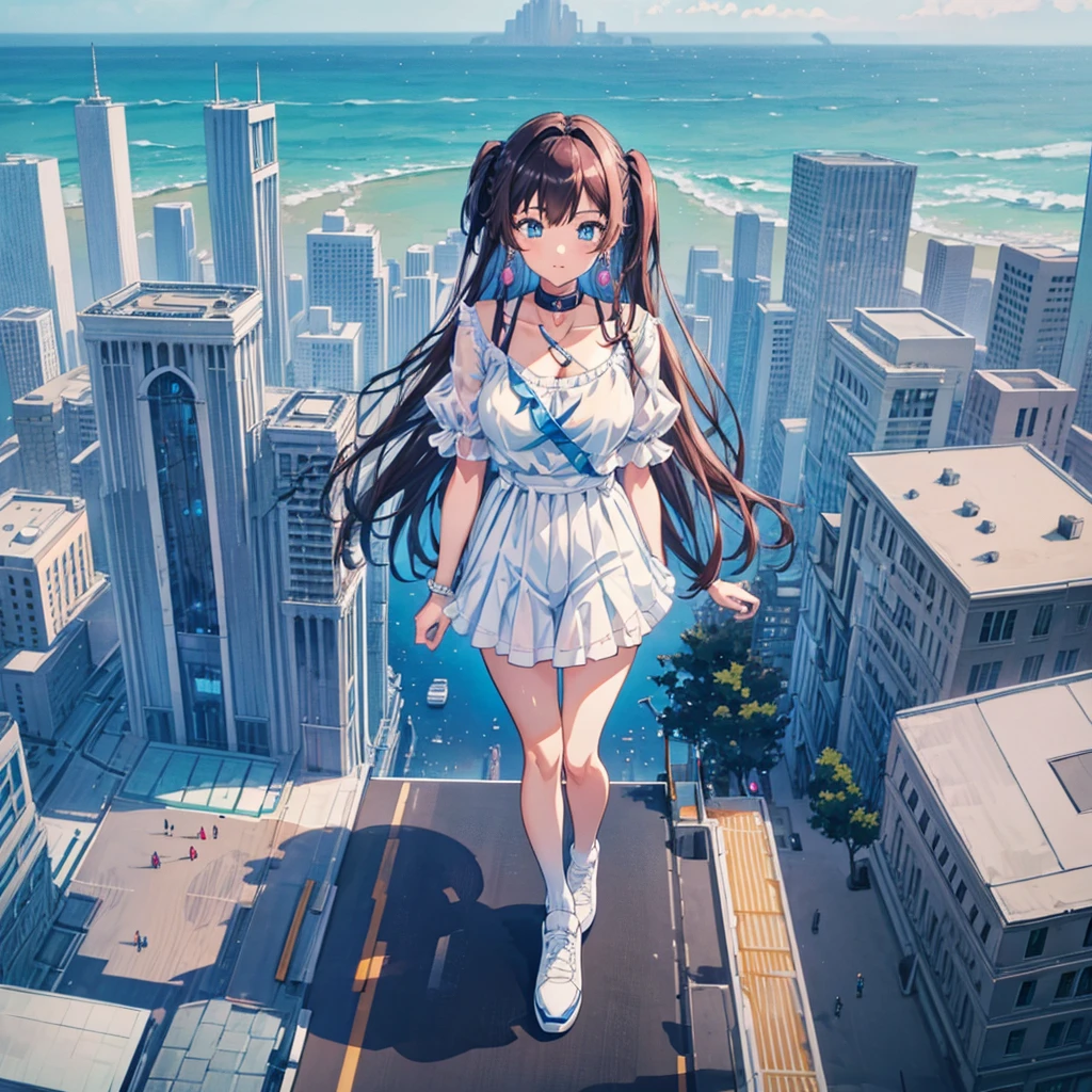 perspective from above giantess giant girl
masterpiece unreal engine anime style delicate picture 4k 90's giant crowd amusement park giant girl standing at an amusement park ferris wheel roller coaster crowd skirt big breasts white T-shirt summer clothes short sleeves private clothes sneakers white socks wristwatch black hair smile blue sky thundercloud contrail female giant giant Girl Full Body Crowd Unreal Engine, Cleavage, A Picture, Earrings, Long Hair, 1980s (Style) Cute Picture Beauty Analog Style Full Body Sneakers,