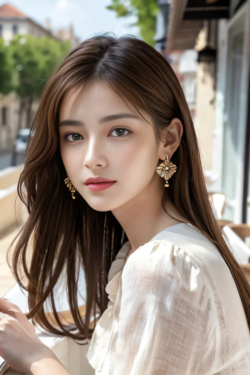 masterpiece, Highest quality, Realistic, Very detailed, Finer details, High resolution, 8k wallpaper, One beautiful woman,Wear a nice blouse, On the terrace of a lovely cafe, at noon, Light brown messy hair, Perfect dynamic composition, Beautiful and beautiful eyes、Big earrings、