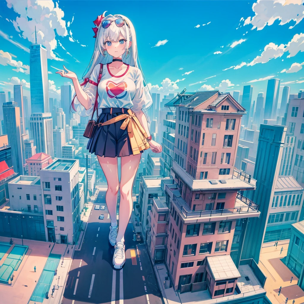 perspective from above giantess giant girl
masterpiece unreal engine anime style delicate picture 4k 90's giant crowd amusement park giant girl standing at an amusement park ferris wheel roller coaster crowd skirt big breasts white T-shirt summer clothes short sleeves private clothes sneakers white socks wristwatch black hair smile blue sky thundercloud contrail female giant giant Girl Full Body  Crowd Unreal Engine, Cleavage, A Picture, Earrings, Long Hair, 1980s (Style) Cute Picture Beauty Analog Style Full Body Sneakers,