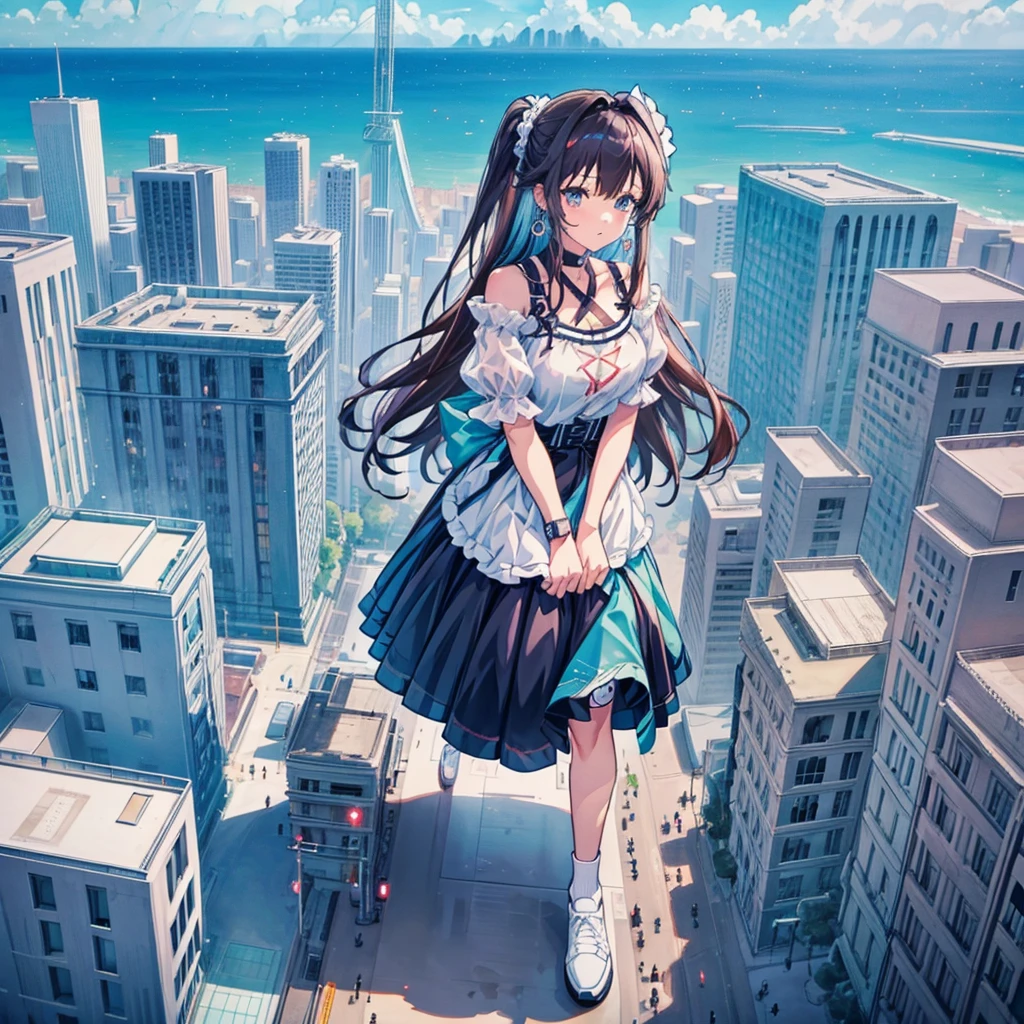 perspective from above giantess giant girl
masterpiece unreal engine anime style delicate picture 4k 90's giant crowd amusement park giant girl standing at an amusement park ferris wheel roller coaster crowd skirt big breasts white T-shirt summer clothes short sleeves private clothes sneakers white socks wristwatch black hair smile blue sky thundercloud contrail female giant giant Girl Full Body Crowd Unreal Engine, Cleavage, A Picture, Earrings, Long Hair, 1980s (Style) Cute Picture Beauty Analog Style Full Body Sneakers,