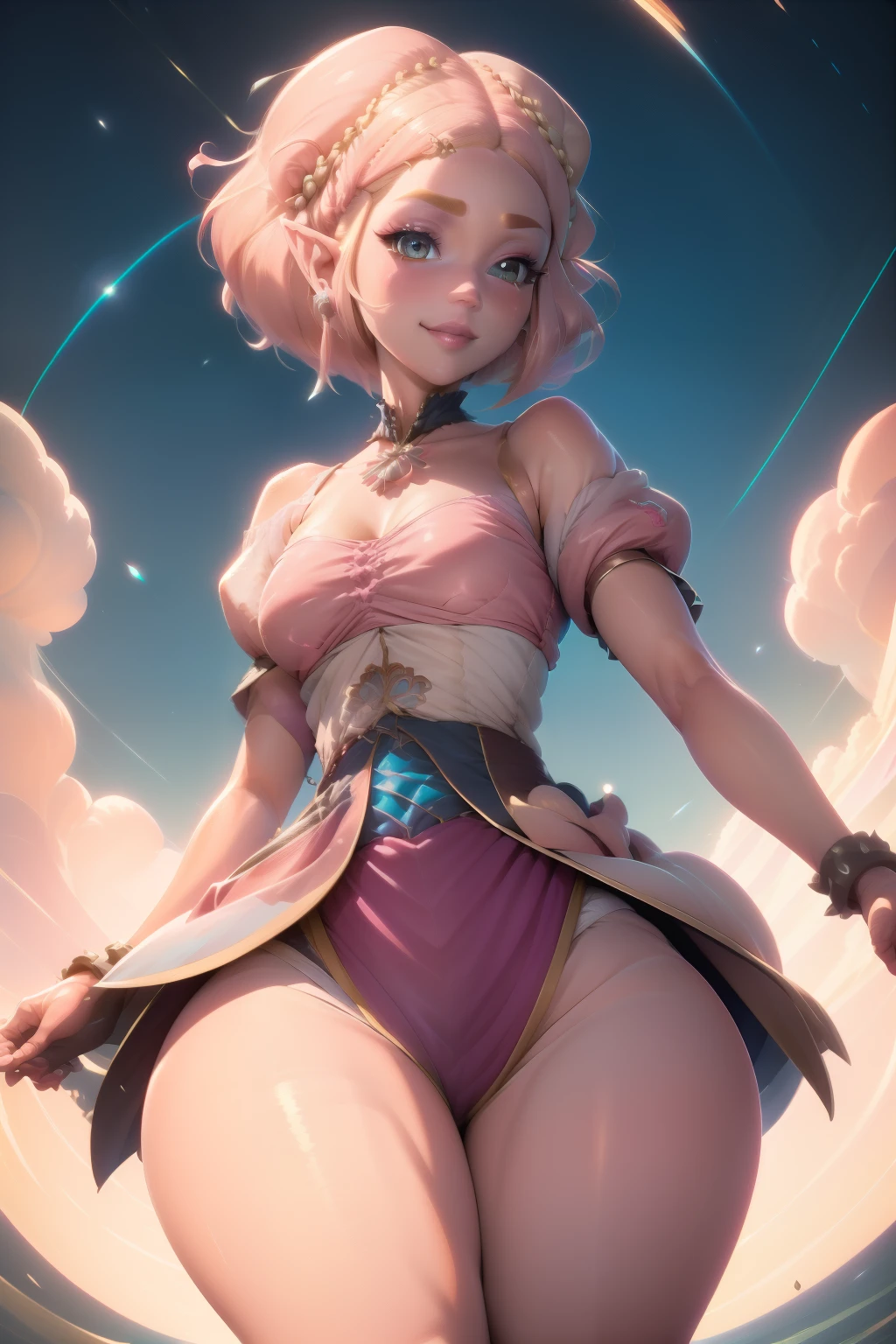 pnkdamond, pink hair, pink eyes,  long hair,  stomach gem,  pink skin,  toned, 
puffy short sleeves, elbow gloves ,  white thighs,   Puffy dress, 
standing, Upper part of the body, 
 outer space,  
(incredibly detailed, beautiful detailed face,Beautiful detailed eyes, Masterpiece, Best Quality) cinematic lighting,  SMILE, 
 