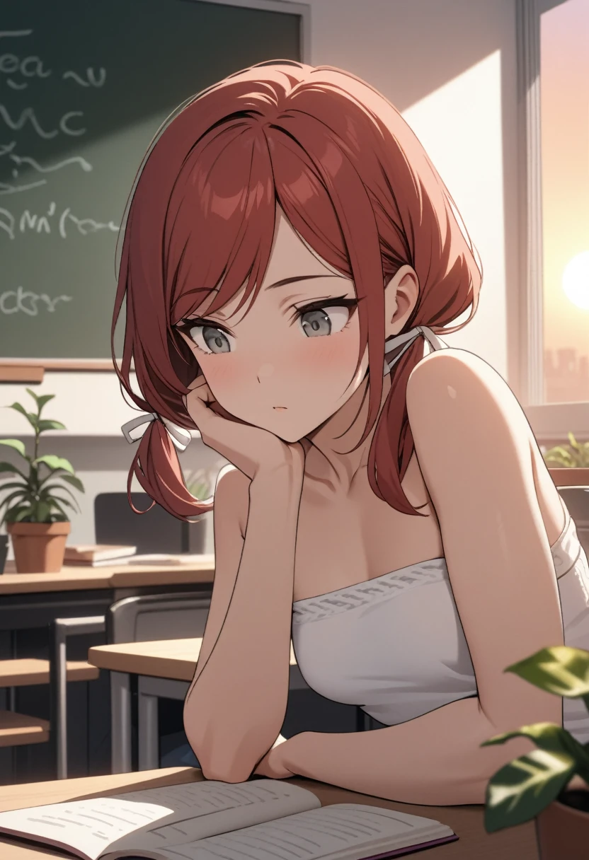 (masterpiece, best quality), stoic, girl leaning forward in chair, hand on own face, looking down at book, biceps, book, beautiful face, upper body, close up, Gray eyes, red hair, swept bangs, low twin tails, white ribbons, knitted white strapless shirt, jeans, small breasts, toned arms, sunrise, sitting on chair in front of desk, chalkboard, people in background, potted plants,
