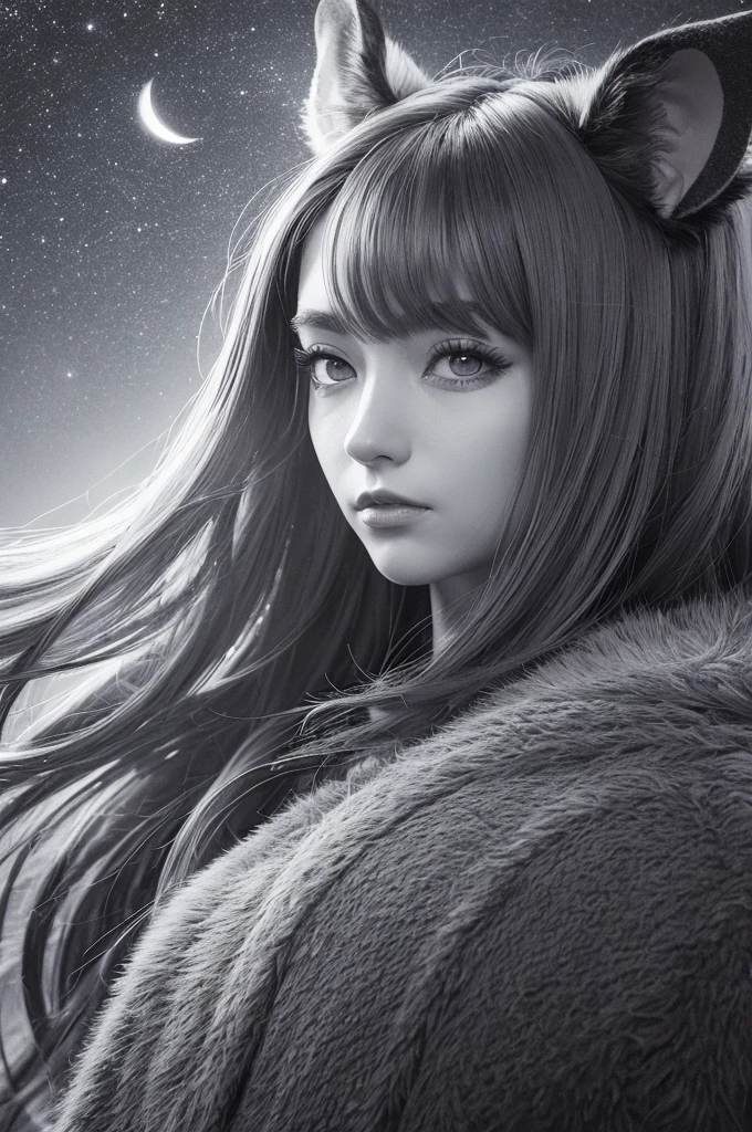 A dynamic portrait of a mouse girl in her 20s, with prominent mouse ears and a curling tail, under a clear, starry night sky. Her expressive eyes reflect the starlight, and her posture is relaxed yet alert. The background shows a serene countryside with rolling hills under the night sky. Created Using: Wacom tablet, character design principles, nocturnal lighting, high-resolution textures, anime influences, chiaroscuro technique, detailed fur rendering, atmospheric perspective --v 6.0