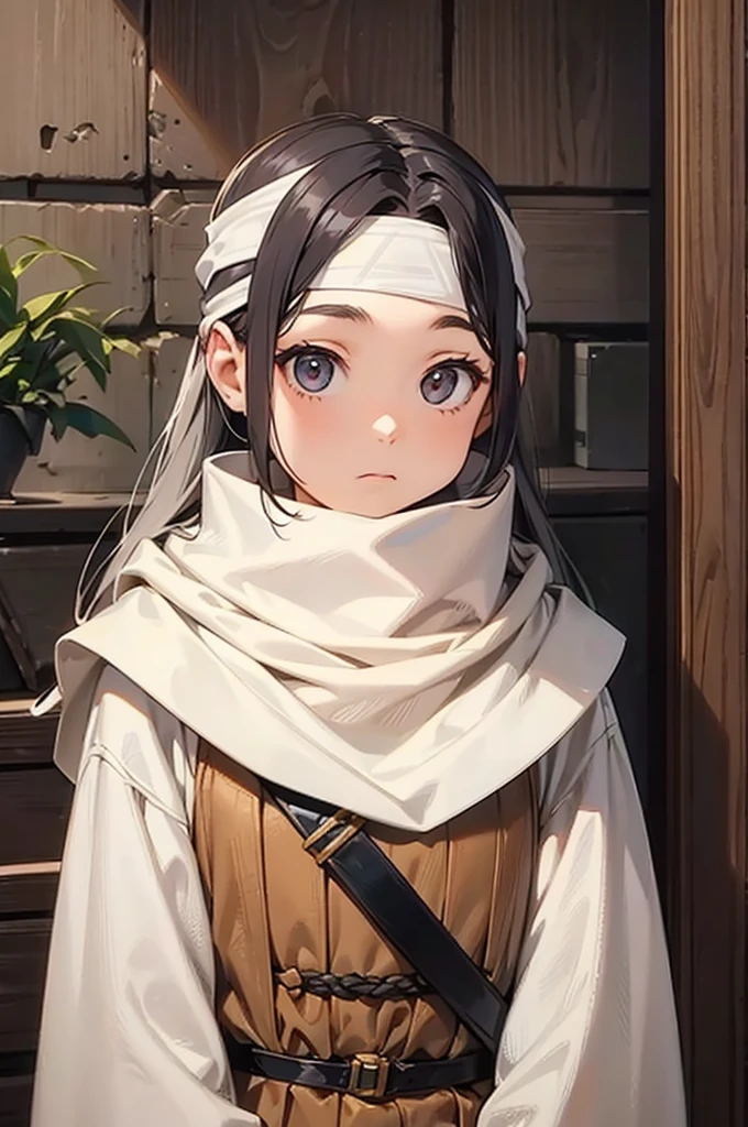 small child long hair standing cowl headband on forehead small room guarding protecting standing next to wall watching area no emotions sword on her back