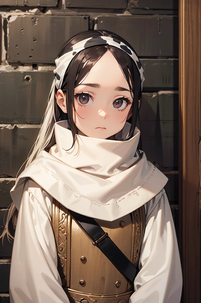 small child long hair standing cowl headband on forehead small room guarding protecting standing next to wall watching area no emotions sword on her back