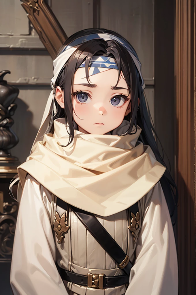  long hair standing  cowl  headband on forehead small room guarding protecting standing next to wall watching area no emotions sword on her back