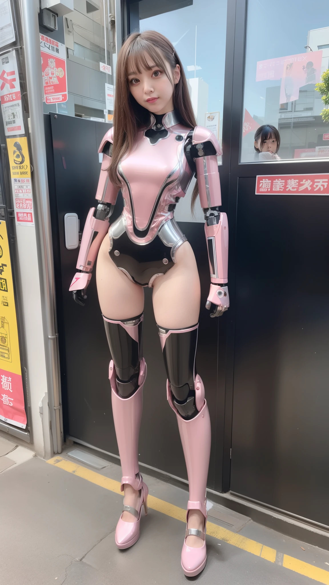 Robot Girl, pink, Silver, Metallic body, Robot Parts, Metal Parts, Super Detailed Face, Super well-formed face, of the highest quality, a small face, a small head, Brown hair, Slender body, Camera gaze, Internal Mechanical Exposure, Idol, front facing, Well-proportioned body, sale, Exhibited, Event Hall, Moe Pose, pink metallic Lolita dress machine armor, Standing with legs open, Model body type, sad, Embarrassing,(Perfect Robot Girl),(Perfect machine body)