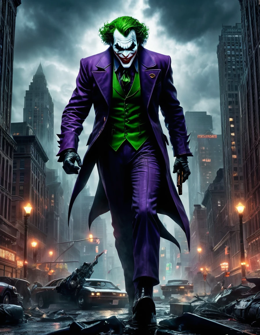 a captivating photorealistic dark fantasy image of Raging Anger Spawned Undead Joker in the heart of Gotham City. The ominous sky, the dark glow, and the chaotic cityscape will come together to evoke a sense of otherworldly menace
