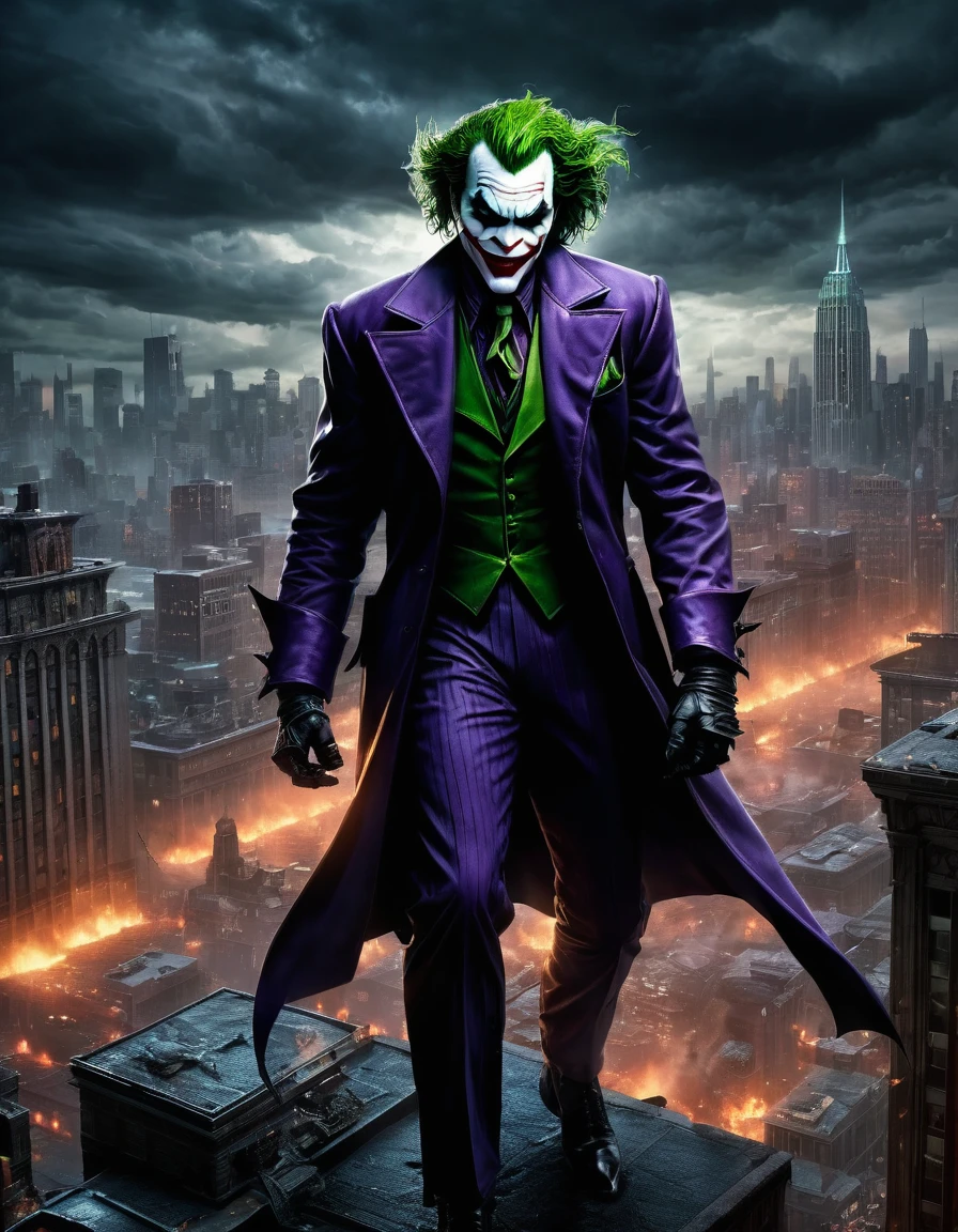 a captivating photorealistic dark fantasy image of Raging Anger Spawned Undead Joker in the heart of Gotham City. The ominous sky, the dark glow, and the chaotic cityscape will come together to evoke a sense of otherworldly menace