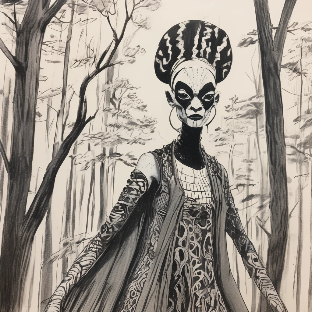 An expressive unfinished sketch featuring a hairless figure in a maxi dress. The figure has snakes on their head with accurate snake bodies, snake scales, and a snake tail rattle. The drawing includes ornate corpsepaint blackmetal facepaint, resembling Grace Jones. The style blends the art aesthetics of Sean Gordon Murphy and Joelle Jones with a rough sketch charcoal art style. The sketch shows rough-draft pencil lines underneath with bold lines over a rough-sketch inking, using an ink and charcoal blend. The scene is set in the pine barrens with sparse trees, emphasizing a candid, sorrowful expression. The sketch uses angular and expressive lines in an incomplete, unfinished style, evoking a sense of decay. Colors include red, yellow, and blue (RYB coloring). --no polished --no clean --no detailed --no smooth --no refined
