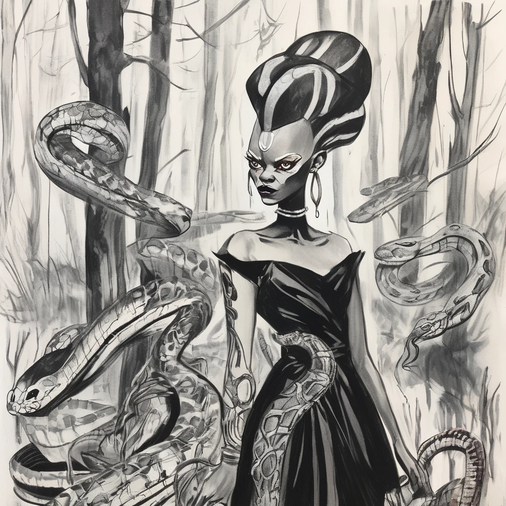 An expressive unfinished sketch featuring a hairless figure in a maxi dress. The figure has snakes on their head with accurate snake bodies, snake scales, and a snake tail rattle. The drawing includes ornate corpsepaint blackmetal facepaint, resembling Grace Jones. The style blends the art aesthetics of Sean Gordon Murphy and Joelle Jones with a rough sketch charcoal art style. The sketch shows rough-draft pencil lines underneath with bold lines over a rough-sketch inking, using an ink and charcoal blend. The scene is set in the pine barrens with sparse trees, emphasizing a candid, sorrowful expression. The sketch uses angular and expressive lines in an incomplete, unfinished style, evoking a sense of decay. Colors include red, yellow, and blue (RYB coloring). --no polished --no clean --no detailed --no smooth --no refined
