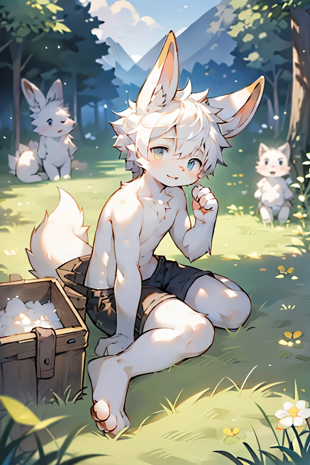 Arctic Hare Boy,Bunny ears,Furry boys,Baby characteristics,White skin,White Arm,White hair,Short sleeve,shorts,Rural courtyard background