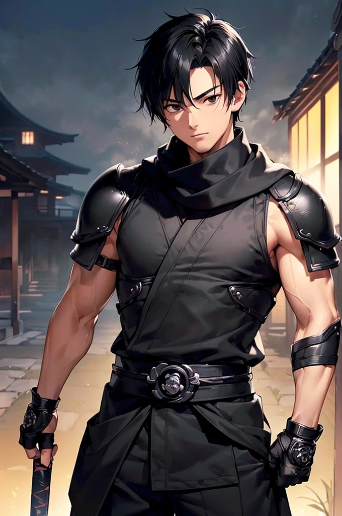 (((masterpiece; best quality: 1.2))), (finely detailed eyes: 1.3), ((ung man)), ((solo)), (black eyes: 1.4), (body shape; lean, masculine: 1.3), (very short black hair: 1.3), (beautiful and clear background: 1.2), ((depth of field)), (equipment: black shinobi clothing + fully covered + black kimono + black pants + black scarf + black bracers + black fingerless gloves: 1.3), (anime illustration: 1.2), (background composition; old japanese mansion + night: 1.1), (extremely fine and handsome: 1.1), (shot composition; standing + centered on torso + close-up: 1.5), (facial expression; calm, stoic: 1.2)